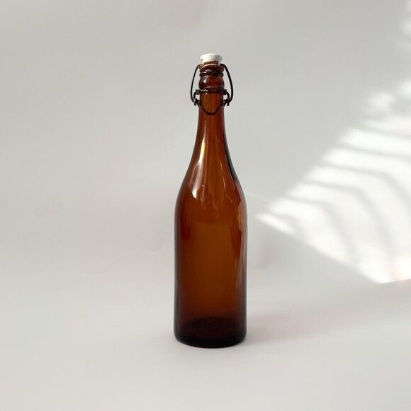 Antique Brown | Honey Gold Vintage German Made Glass Flip Top Bottle - Picture 1 of 10
